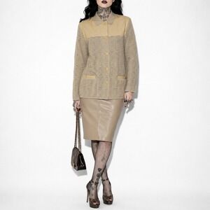 Vintage Leather Panel Lace Jacket Womens L Tan Mixed Media Abstract Top Torras